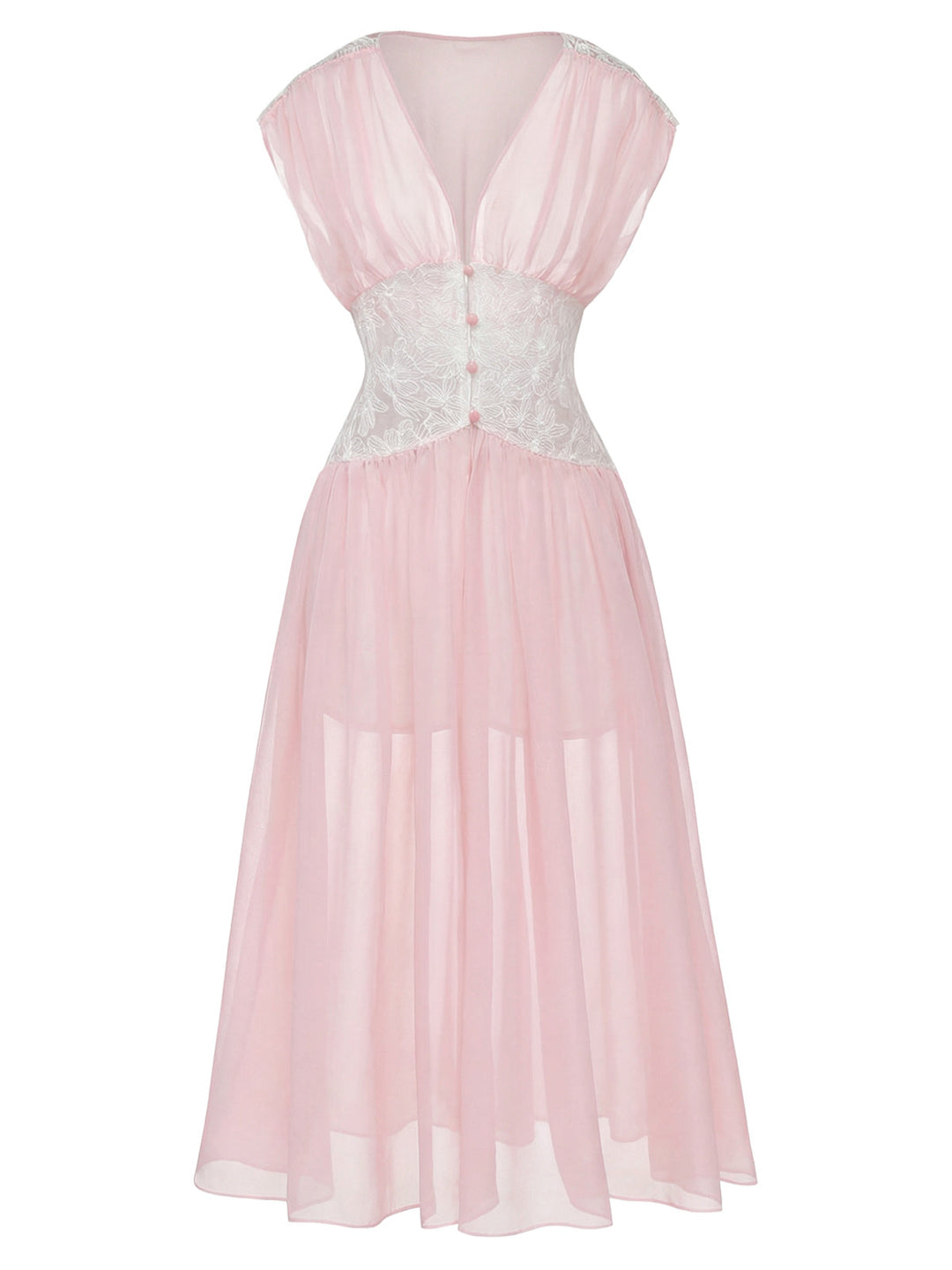 Pink Mesh Pleated Lace Waist Robe - vintage fashion, retro style