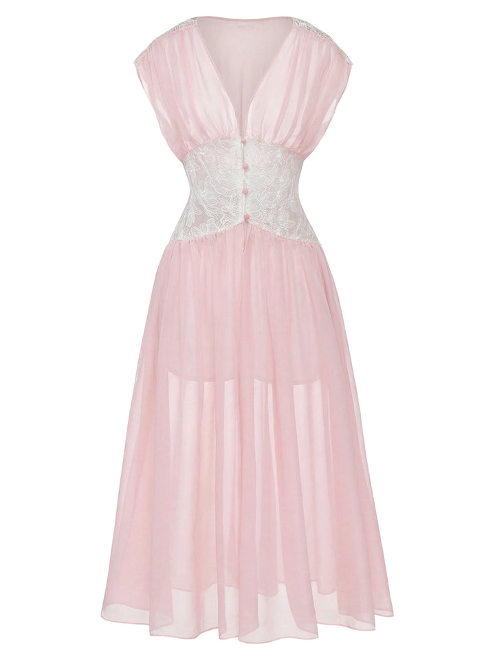 Pink Mesh Pleated Lace Waist Robe - vintage fashion, retro style