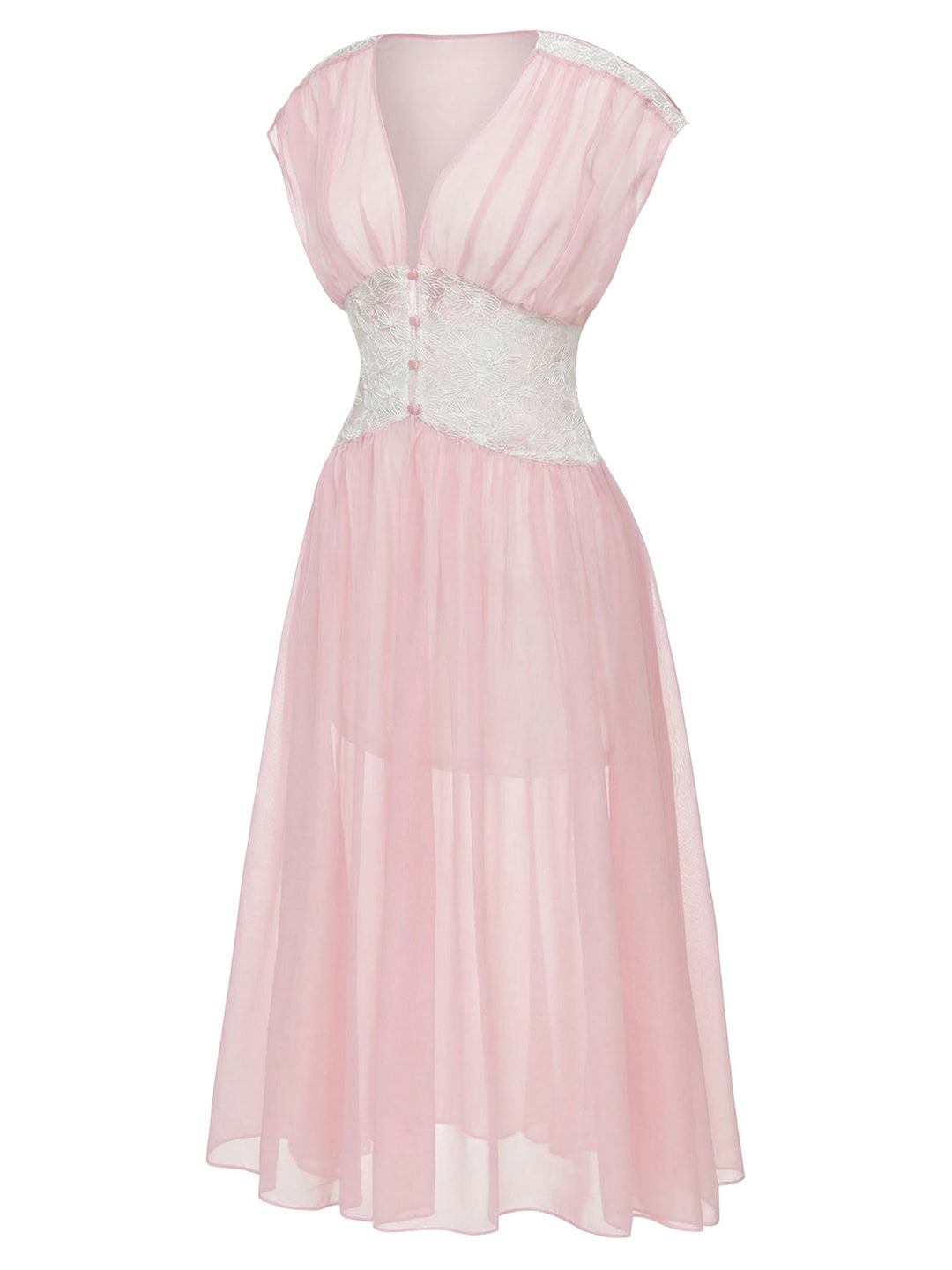 Pink Mesh Pleated Lace Waist Robe - vintage fashion, retro style