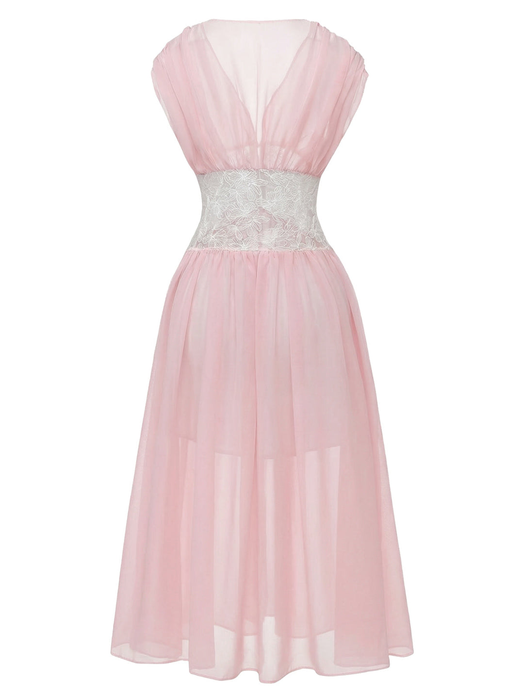 Pink Mesh Pleated Lace Waist Robe - vintage fashion, retro style