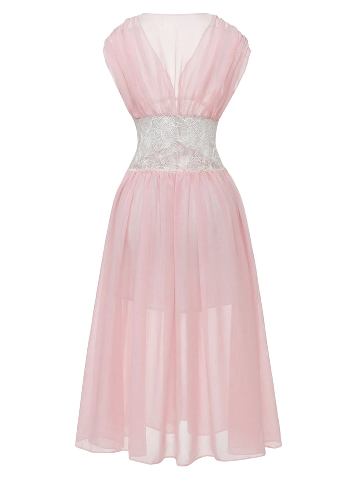 Pink Mesh Pleated Lace Waist Robe - vintage fashion, retro style