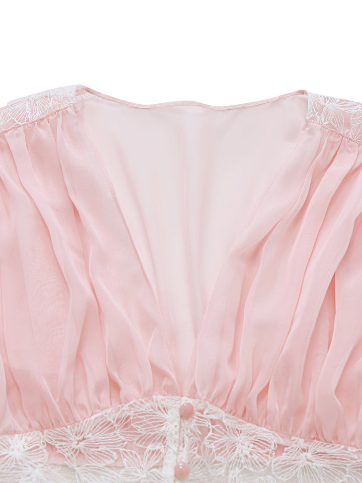 Pink Mesh Pleated Lace Waist Robe - vintage fashion, retro style