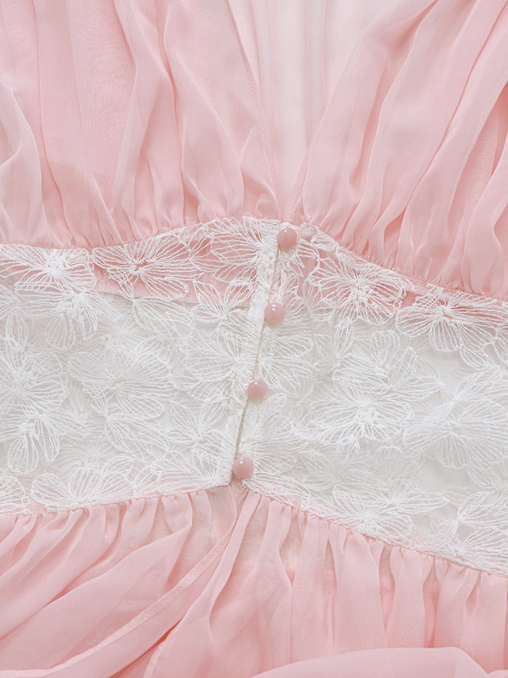 Pink Mesh Pleated Lace Waist Robe - vintage fashion, retro style