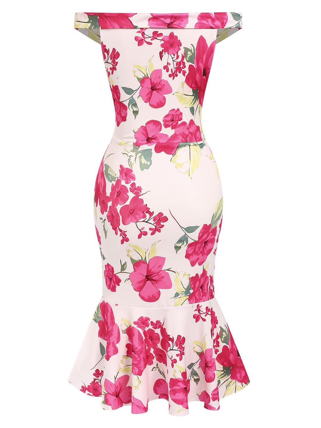 Pink 1930s Off-Shoulder Floral Mermaid Dress, vintage dress, retro fashion, floral print - perfect for women who love vintage and retro fashion