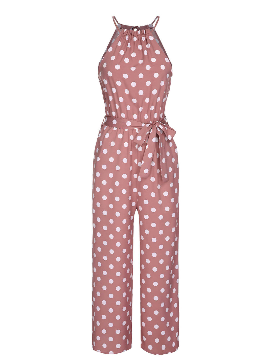 Pink 1930s Polka Dots Drawstring Halter Jumpsuit, vintage romper, retro jumpsuit - perfect for women who love vintage and retro fashion