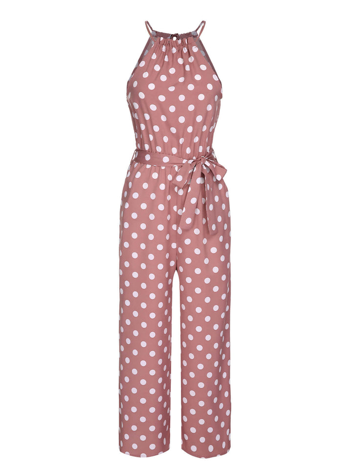 Pink 1930s Polka Dots Drawstring Halter Jumpsuit, vintage romper, retro jumpsuit - perfect for women who love vintage and retro fashion