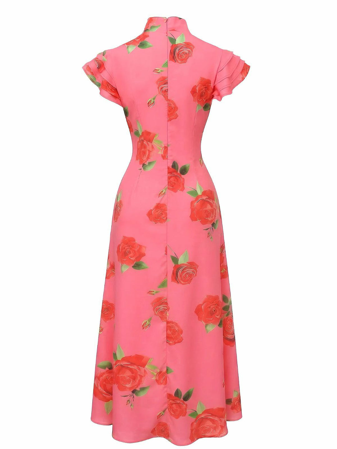 Pink 1930s Rose Ruffle-Sleeve High-Neck Maxi Dress - vintage dress, retro fashion for vintage lovers