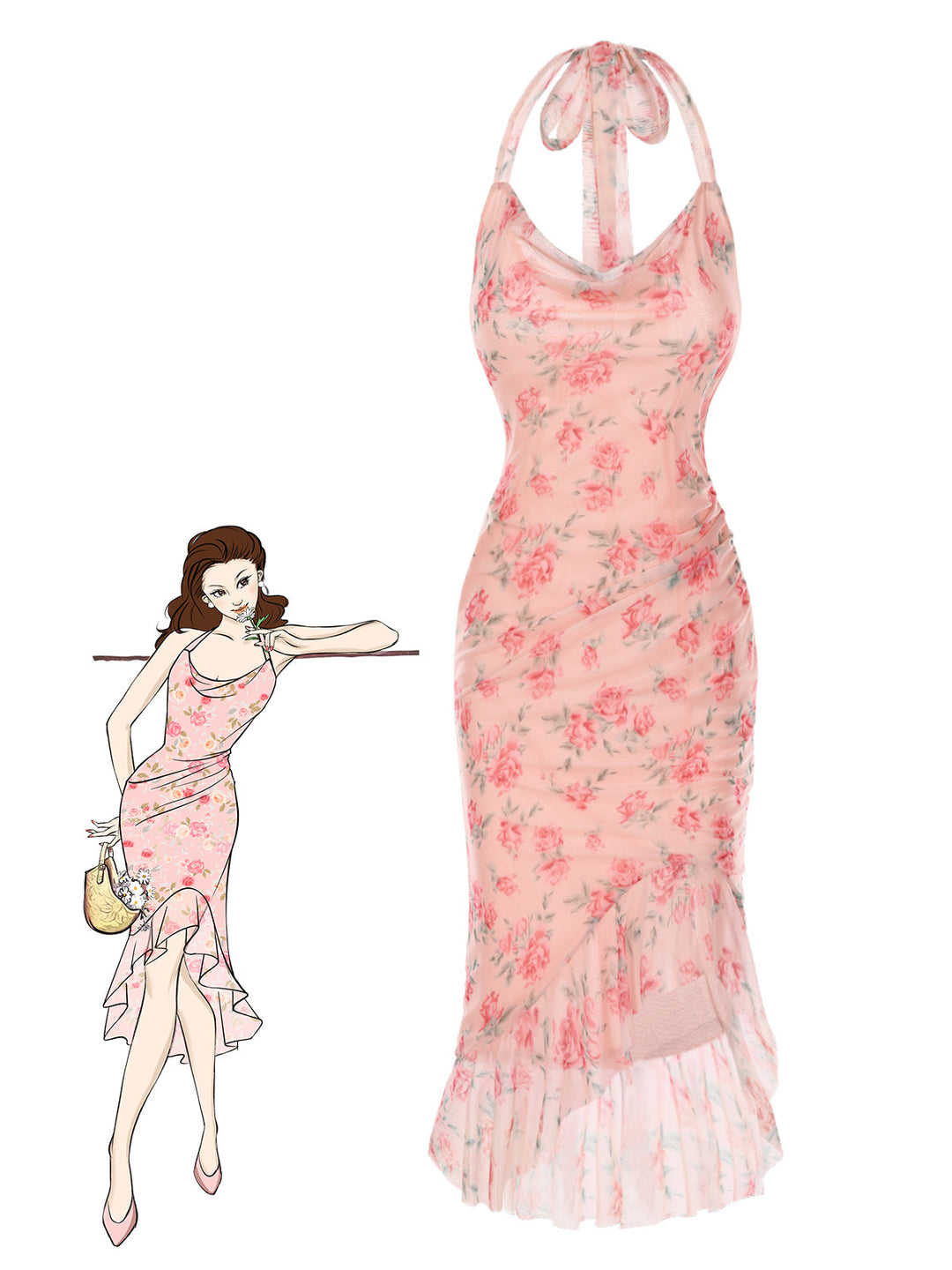 She slips into this Pink 1930s Rose Silk Mesh Mermaid Dress and suddenly it&