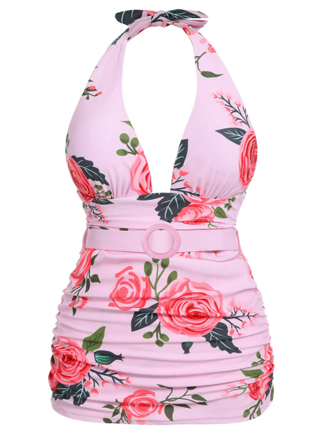 Pink Roses Halter Belt Swimsuit: timeless style reimagined