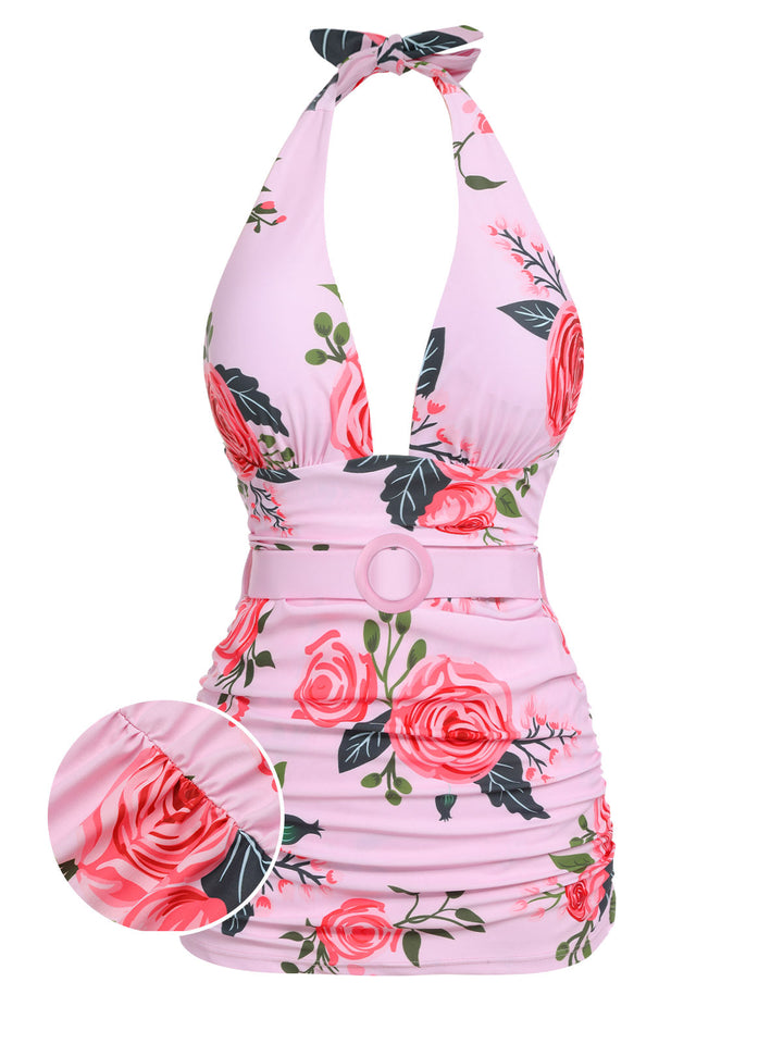 Pink Roses Halter Belt Swimsuit: timeless style reimagined