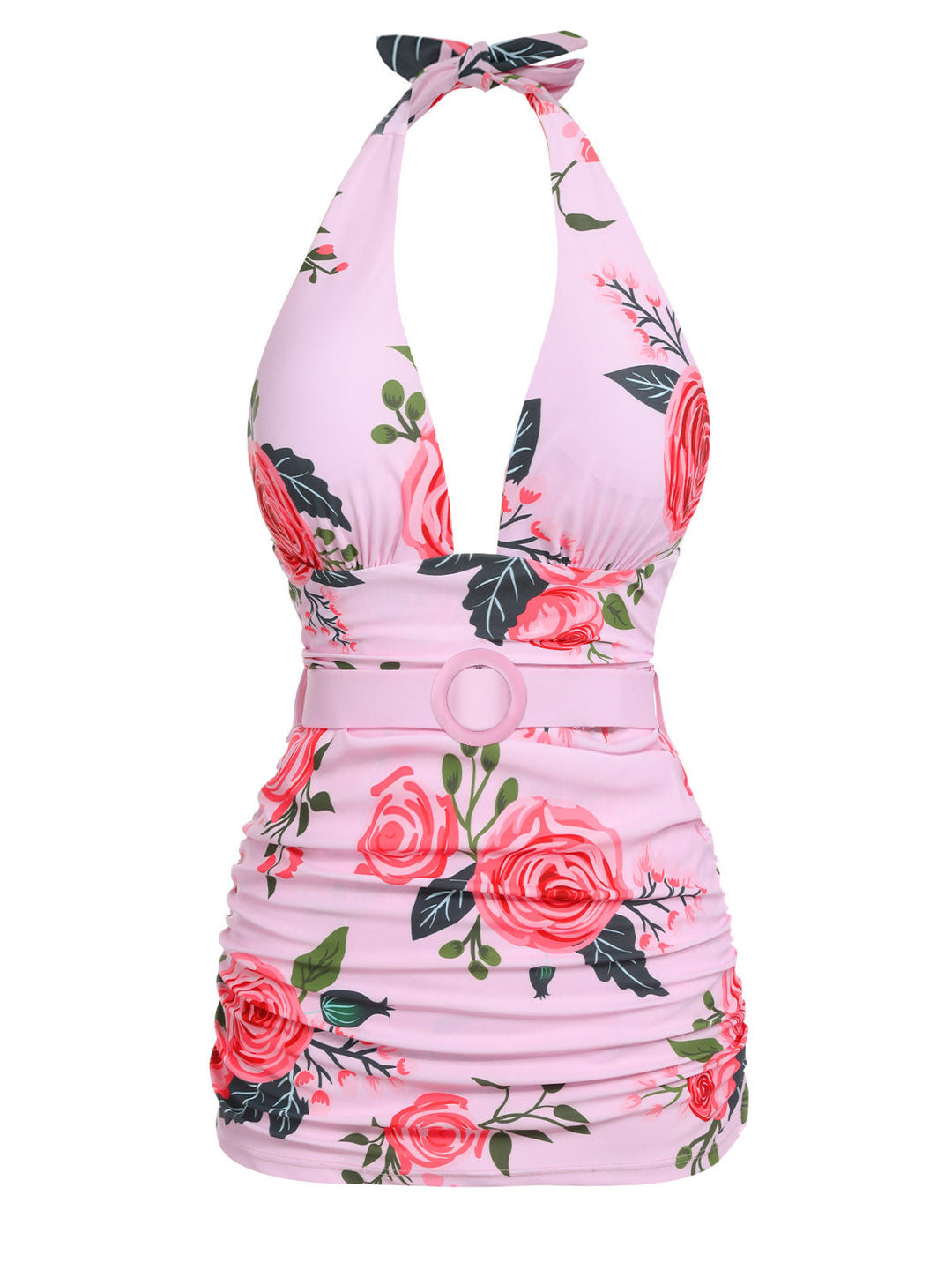 Pink Roses Halter Belt Swimsuit — vintage elegance for the modern woman