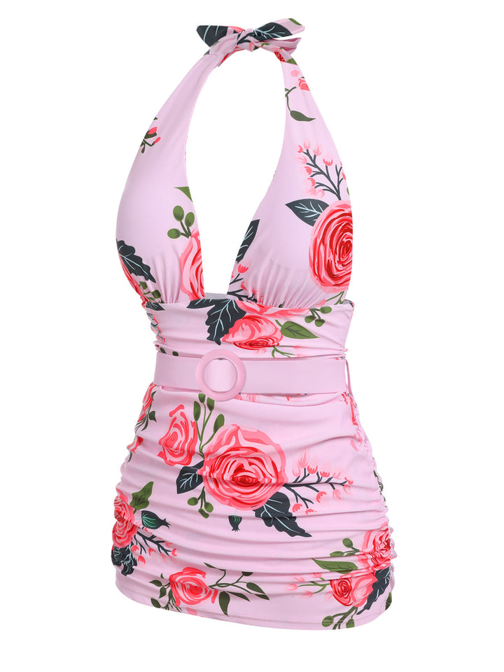 Pink Roses Halter Belt Swimsuit — vintage elegance for the modern woman