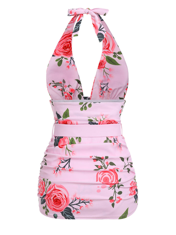 Pink Roses Halter Belt Swimsuit: timeless style reimagined