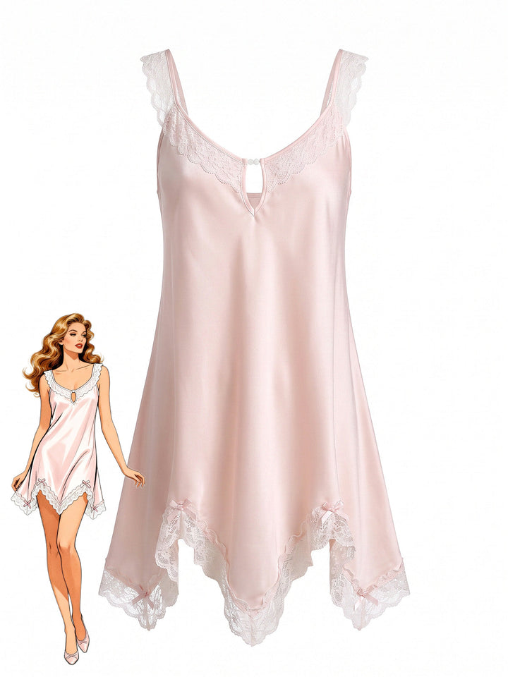 Pink Satin Lace Keyhole Scoop Neck Nightgown - vintage fashion, retro style for vintage lovers