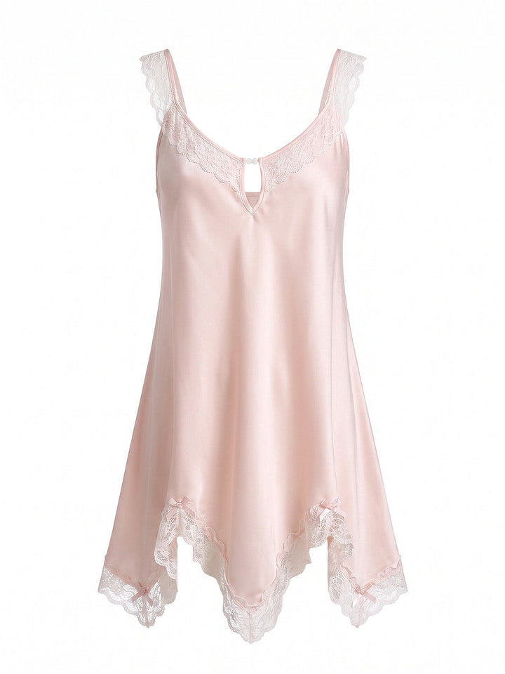 Pink Satin Lace Keyhole Scoop Neck Nightgown - vintage fashion, retro style for vintage lovers