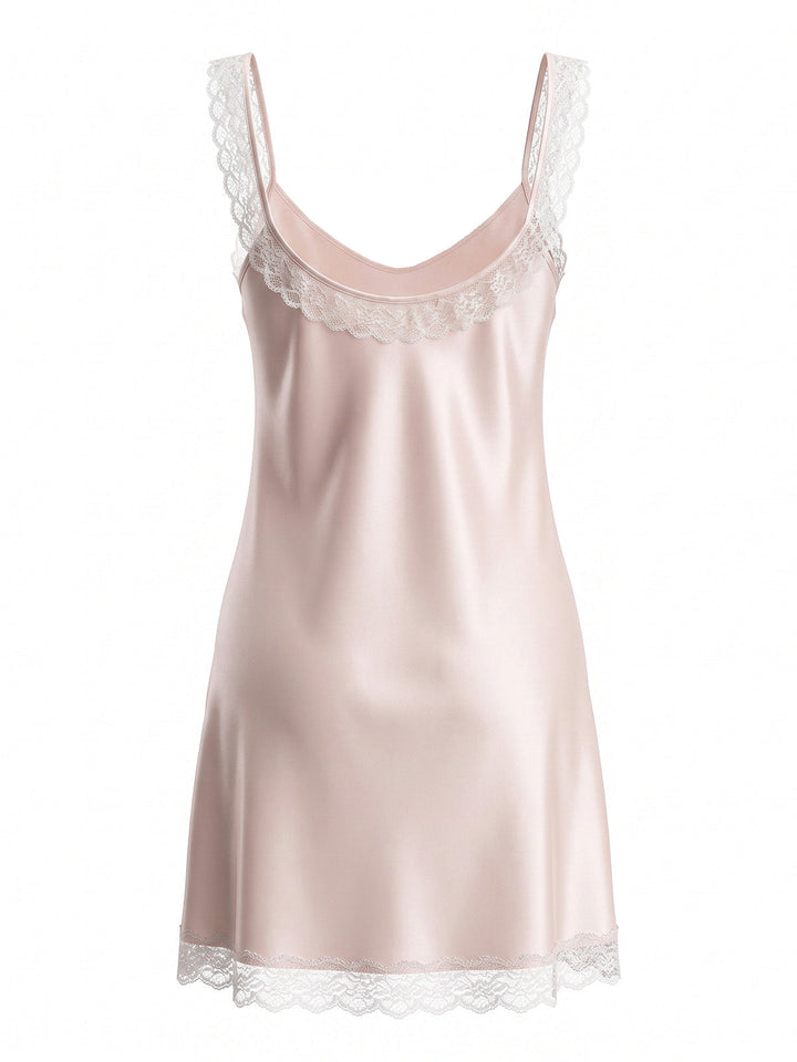 Pink Satin Lace Keyhole Scoop Neck Nightgown - vintage fashion, retro style for vintage lovers