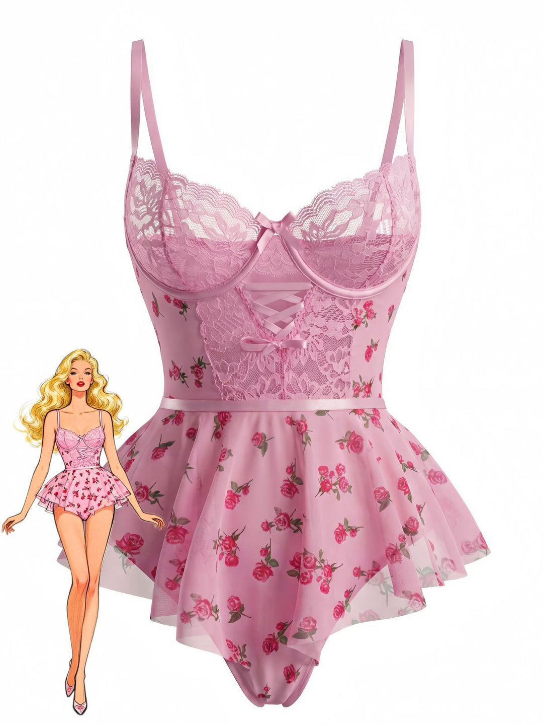 Pink Slip Roses Bow Lace Sleepwear - vintage nightgown, retro sleepwear