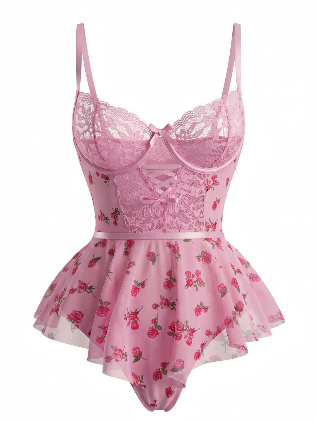 Pink Slip Roses Bow Lace Sleepwear - vintage nightgown, retro sleepwear