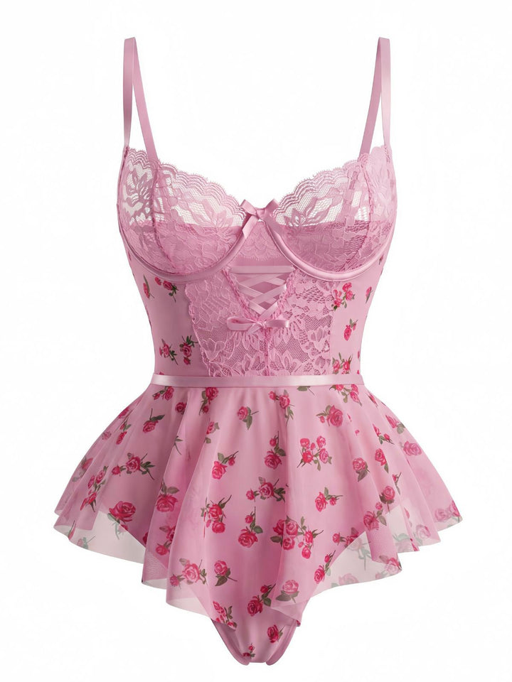 Pink Slip Roses Bow Lace Sleepwear - vintage nightgown, retro sleepwear