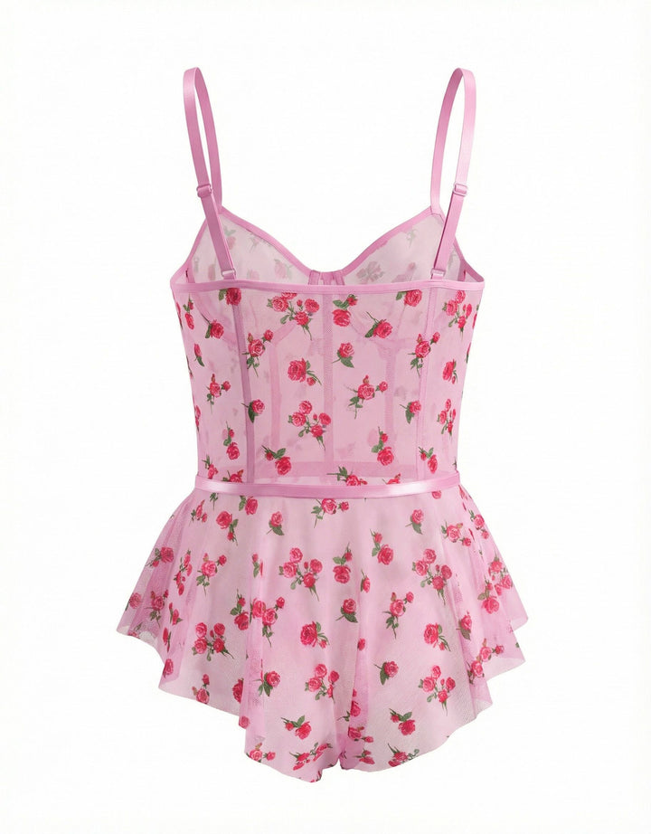 Pink 1930s Slip Roses Bow Lace Sleepwear - vintage nightgown, retro sleepwear