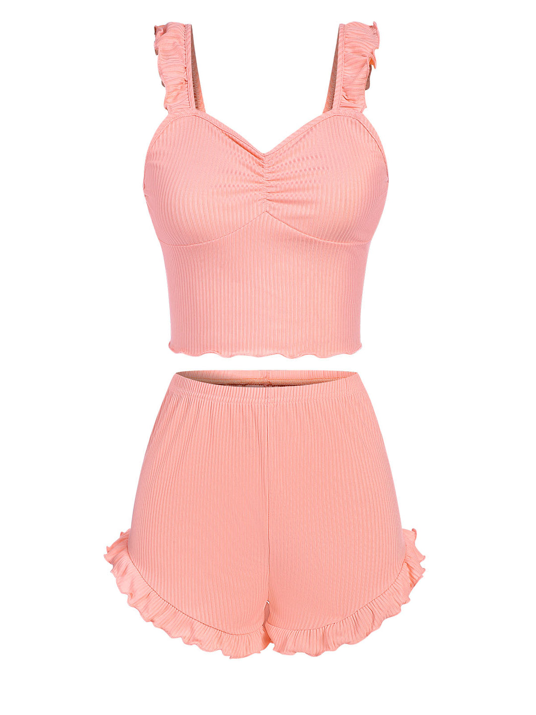 Pink Solid Ruffles Straps Pajamas, vintage pajamas, retro nightwear - perfect for women who love vintage and retro fashion