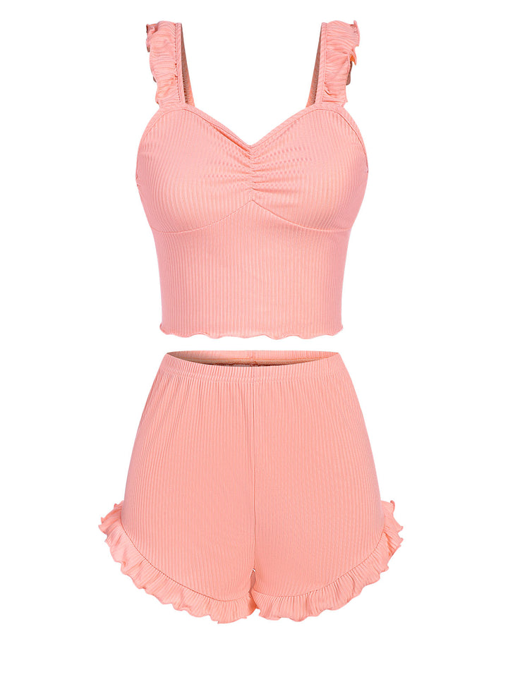 Pink Solid Ruffles Straps Pajamas, vintage pajamas, retro nightwear - perfect for women who love vintage and retro fashion