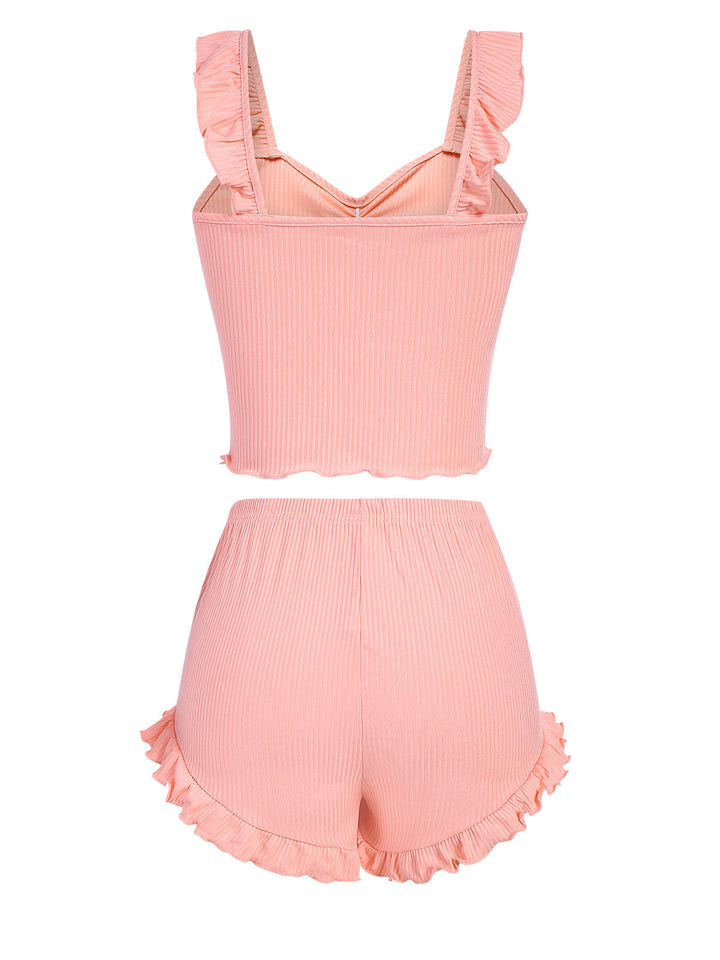 Pink Solid Ruffles Straps Pajamas, vintage pajamas, retro nightwear - perfect for women who love vintage and retro fashion