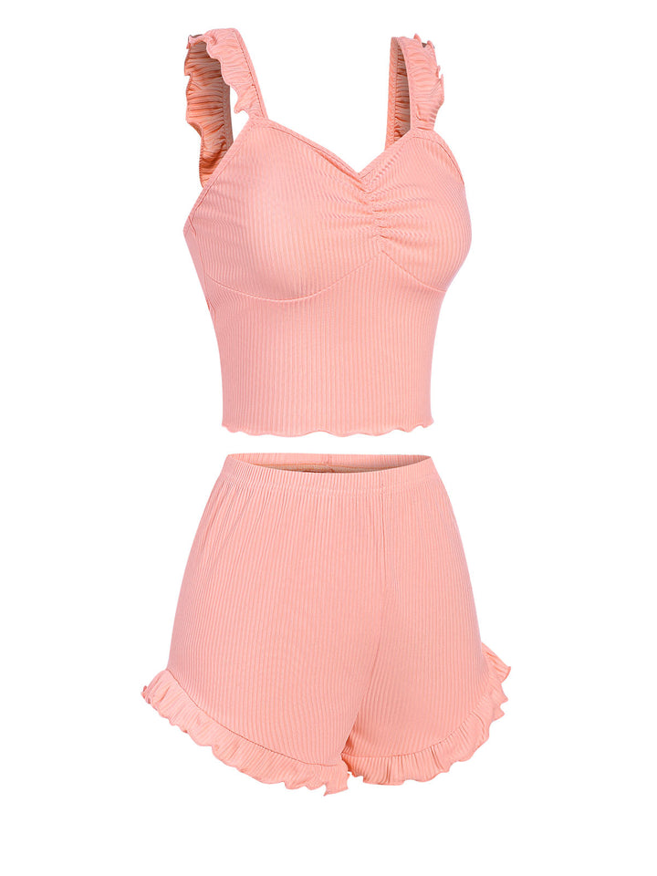 Pink Solid Ruffles Straps Pajamas, vintage pajamas, retro nightwear - perfect for women who love vintage and retro fashion