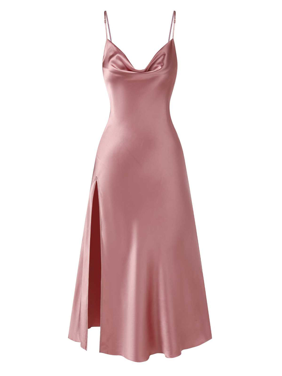 She slips into this Pink Solid Satin Slit Suspender Nightdress and suddenly it&
