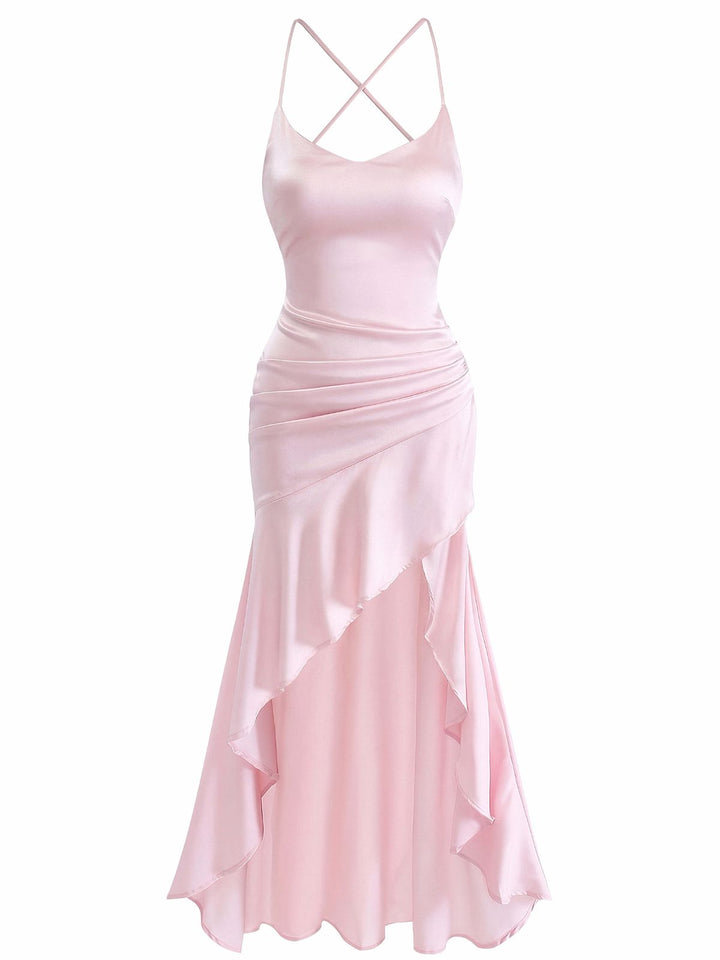 Pink 1930s Spaghetti Strap Backless Ruffle Dress 10