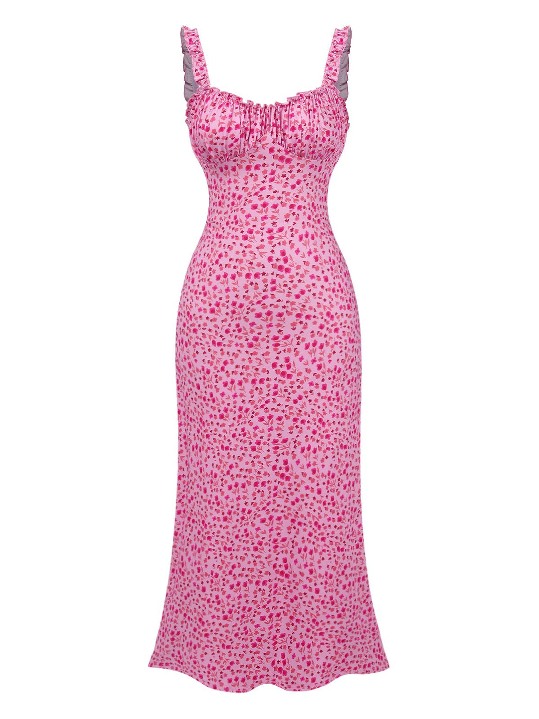 She slips into this Pink 1930s Spaghetti Strap Boho Ditsy Floral Dress and suddenly it&