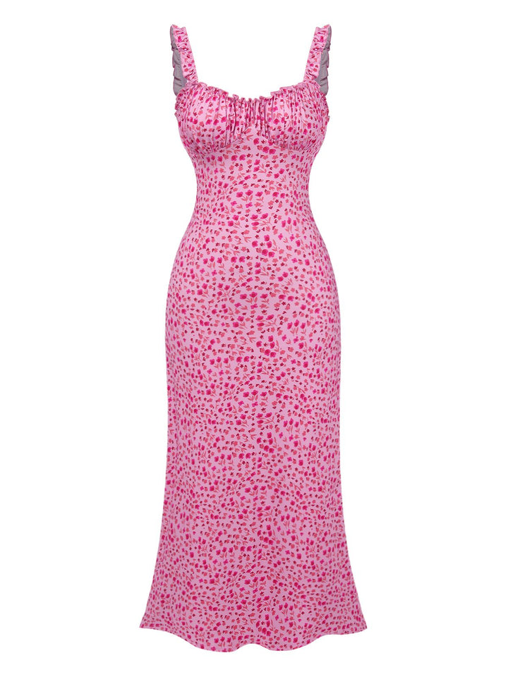 She slips into this Pink 1930s Spaghetti Strap Boho Ditsy Floral Dress and suddenly it&