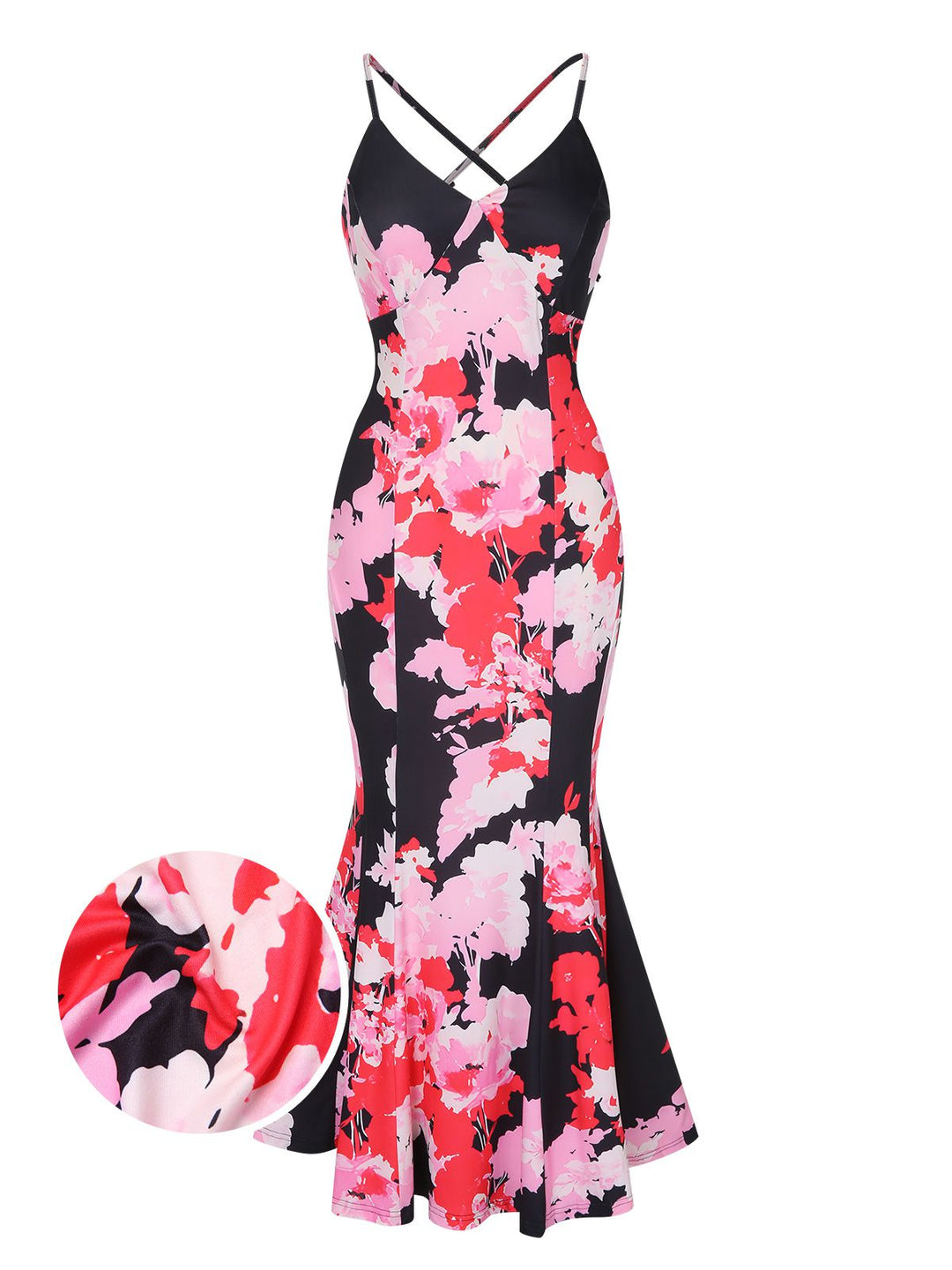 She slips into this Pink 1930s Spaghetti Strap Floral Mermaid Dress and suddenly it&