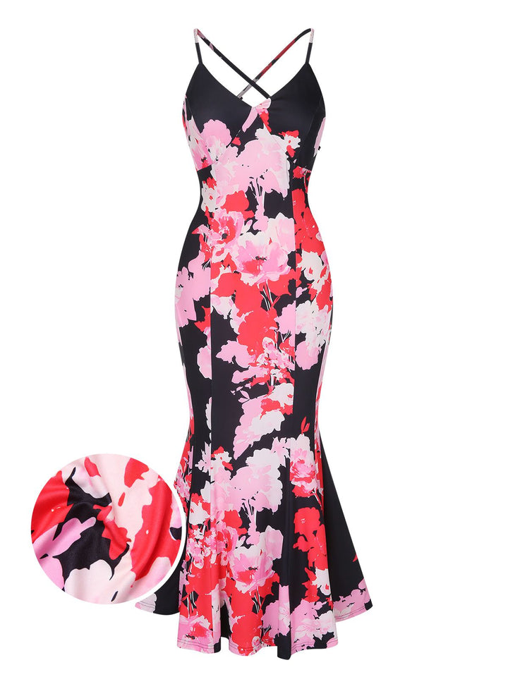 She slips into this Pink 1930s Spaghetti Strap Floral Mermaid Dress and suddenly it&
