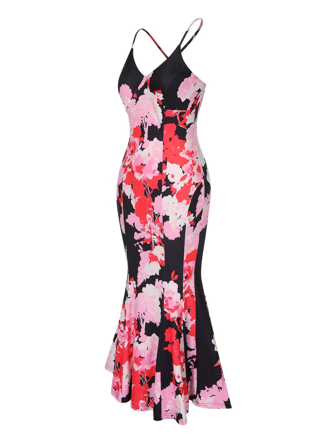 She slips into this Pink 1930s Spaghetti Strap Floral Mermaid Dress and suddenly it&