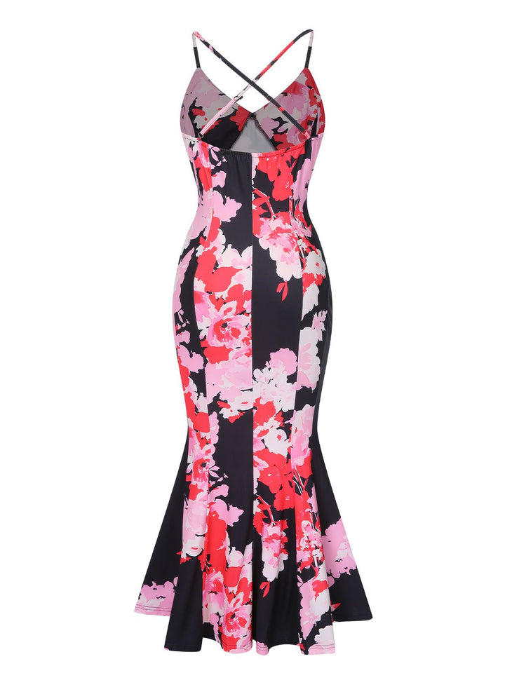 Pink 1930s Spaghetti Strap Floral Mermaid Dress: where 1930s romance meets her modern spirit