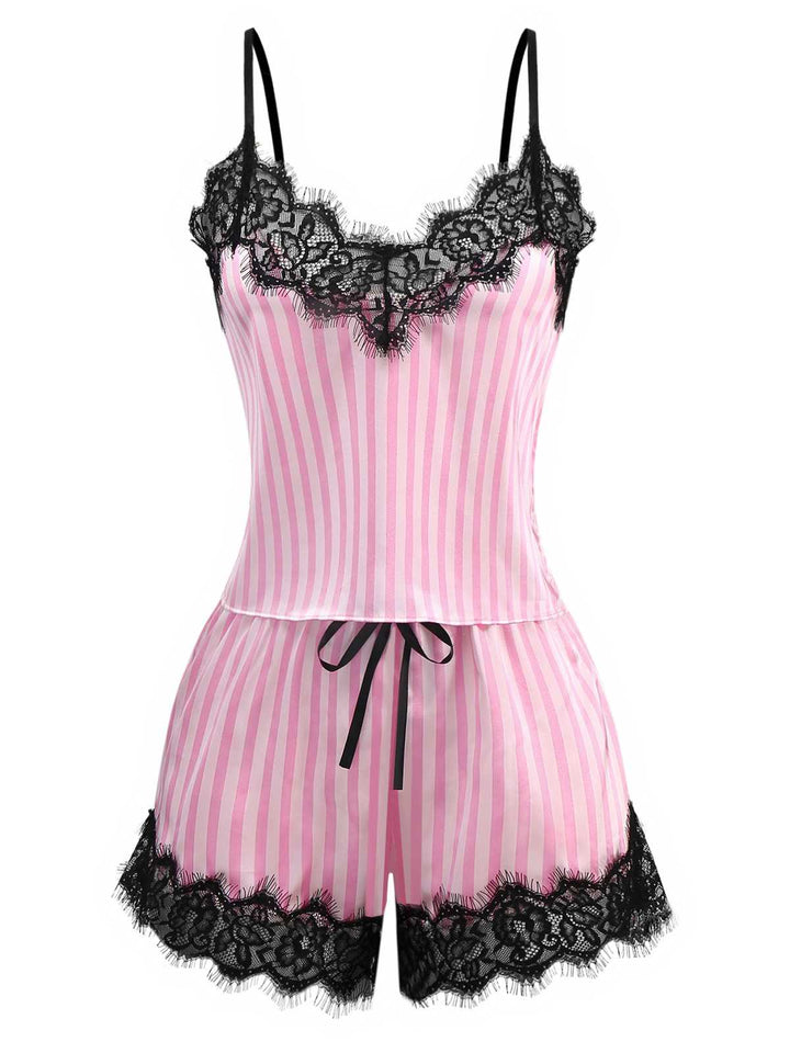Pink Strap Strips Lace Pajama Set - vintage fashion, retro style