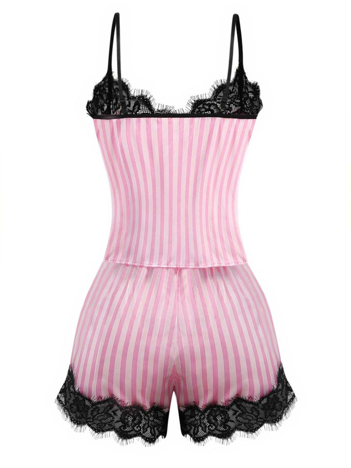 Pink Strap Strips Lace Pajama Set - vintage fashion, retro style