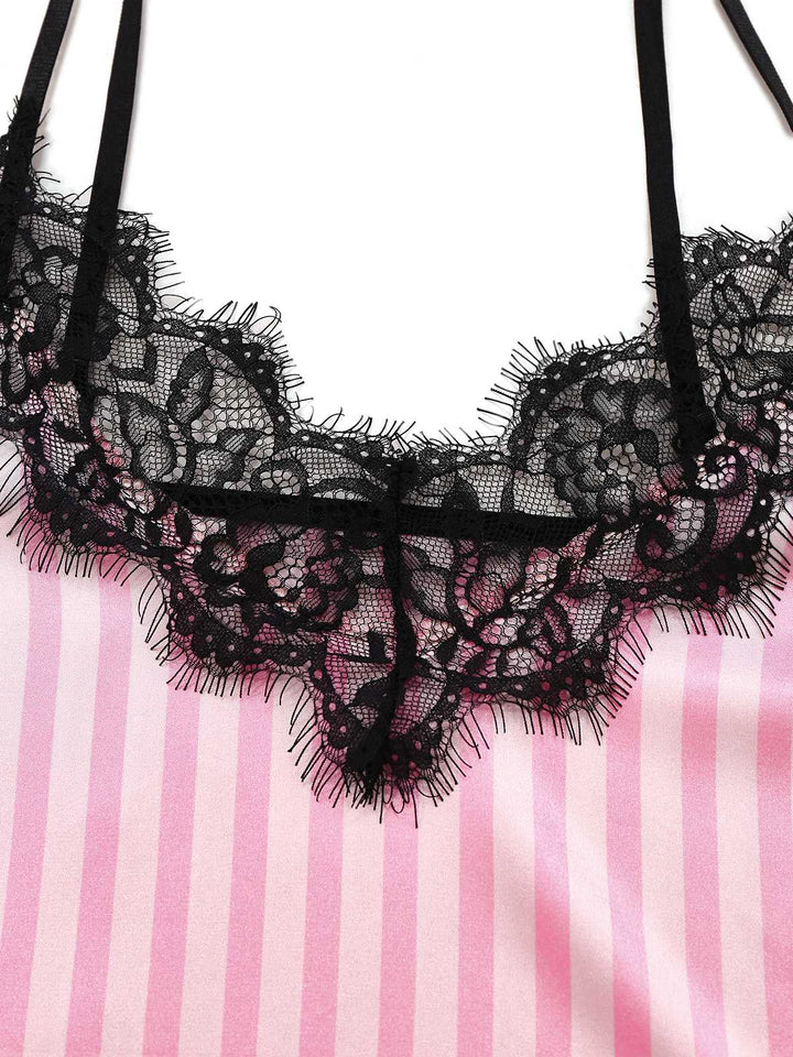 Pink Strap Strips Lace Pajama Set - vintage fashion, retro style