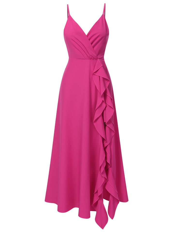 Pink 1930s V-Neck Ruffled Irregular Slit Dress, vintage dress, retro fashion - perfect for women who love vintage and retro fashion