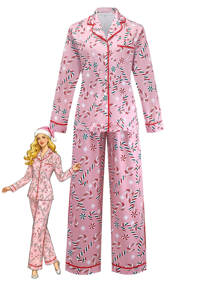 Pink Christmas Candy Cane Long Pajama Set - vintage fashion, retro style