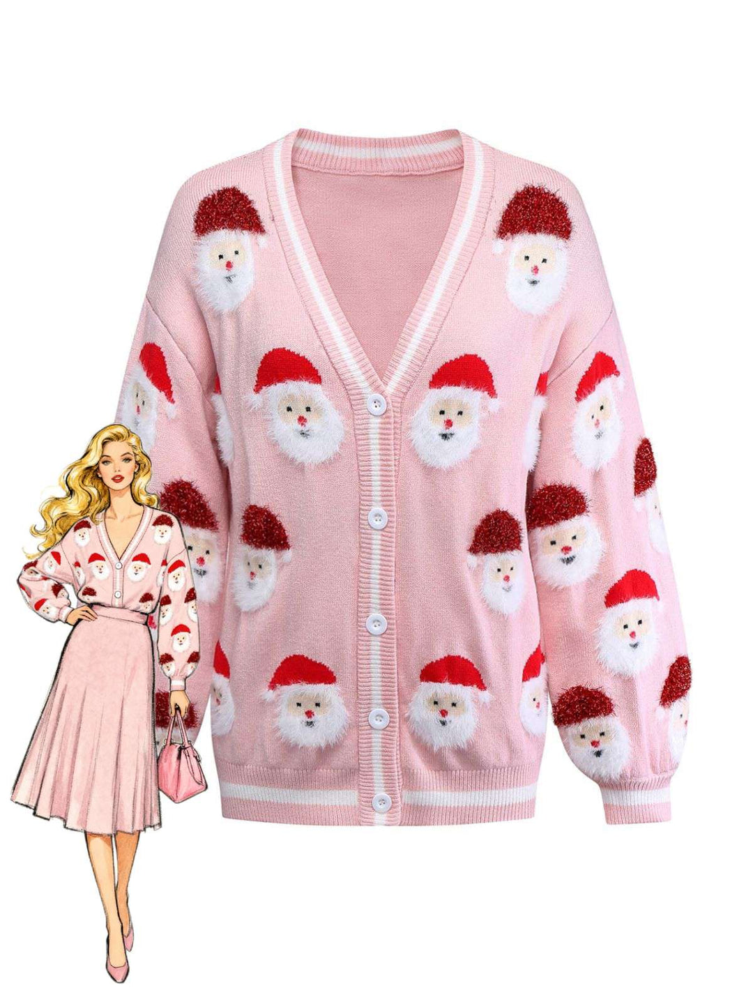 Pink 1940s Christmas Santa Claus Jacquard Cardigan - vintage fashion, style