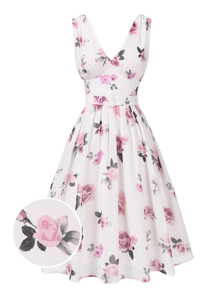 She slips into this Pink 1940s Deep V-Neck Chiffon Rose Dress and suddenly it&