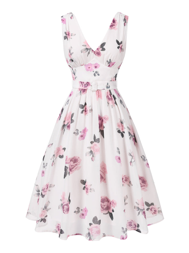 Pink 1940s Deep V-Neck Chiffon Rose Dress: where 1940s romance meets her modern spirit