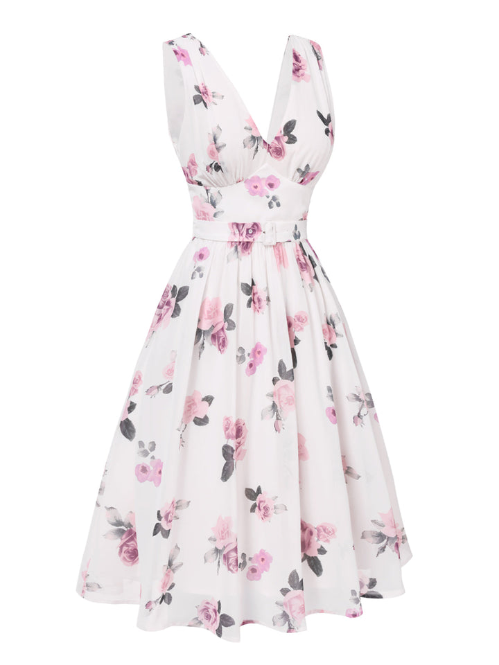 This Pink 1940s Deep V-Neck Chiffon Rose Dress wraps her in 1940s elegance, one twirl at a time
