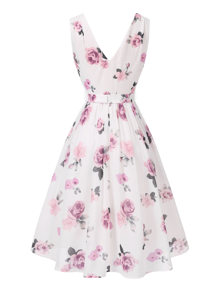 She slips into this Pink 1940s Deep V-Neck Chiffon Rose Dress and suddenly it&