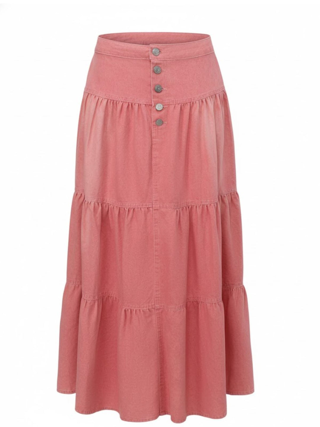 Pink 1940s Denim Button-Down Tiered Maxi Skirt - vintage skirt, retro style, elegant red