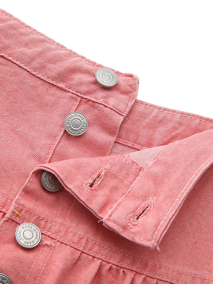 Pink 1940s Denim Button-Down Tiered Maxi Skirt - vintage skirt, retro style, elegant red