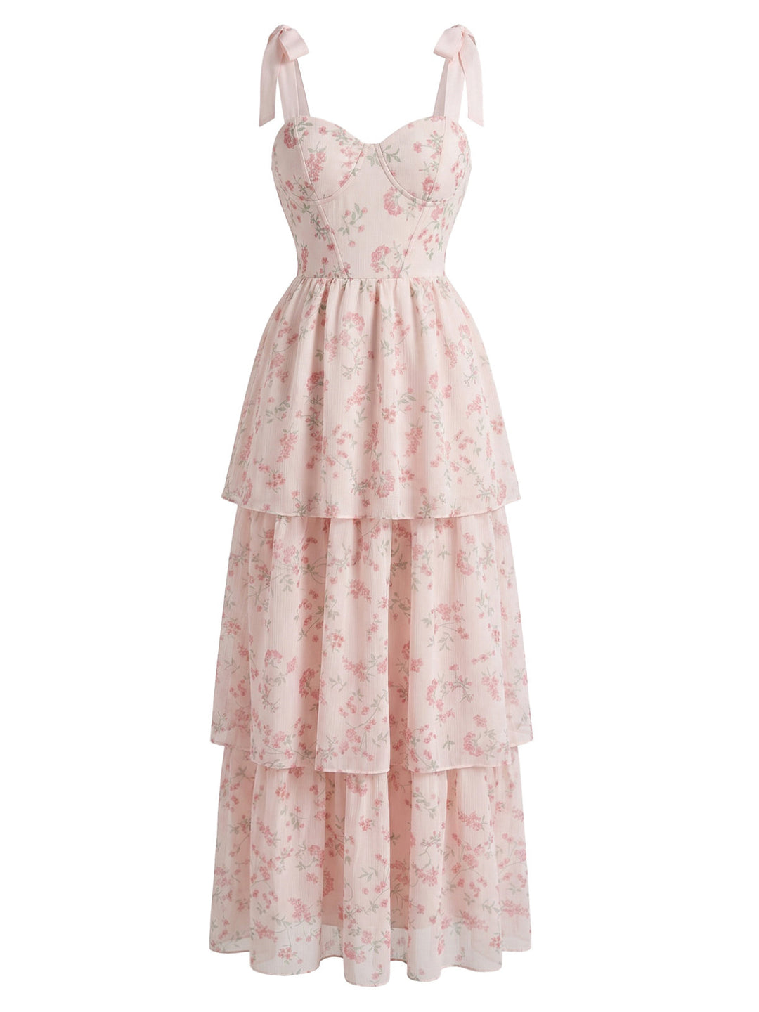 Pink-1940s-Floral-Fishbone-Layered-Tie-Strap-Mesh-Midi-Dress, vintage, retro, dress