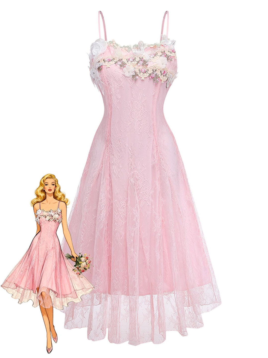 Pink 1940s Floral Lace Spaghetti-Strap Maxi Dress - vintage dress, retro fashion